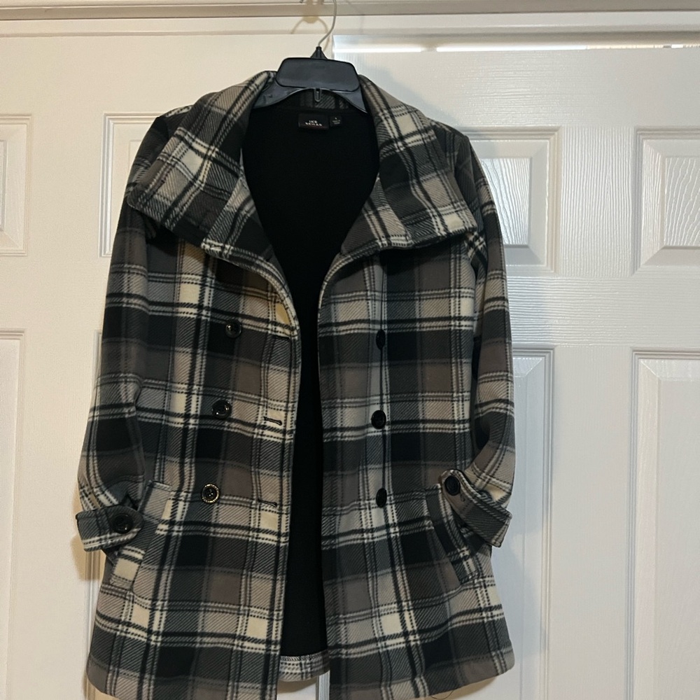 Ike Behar Black and White Checkered Pea Coat